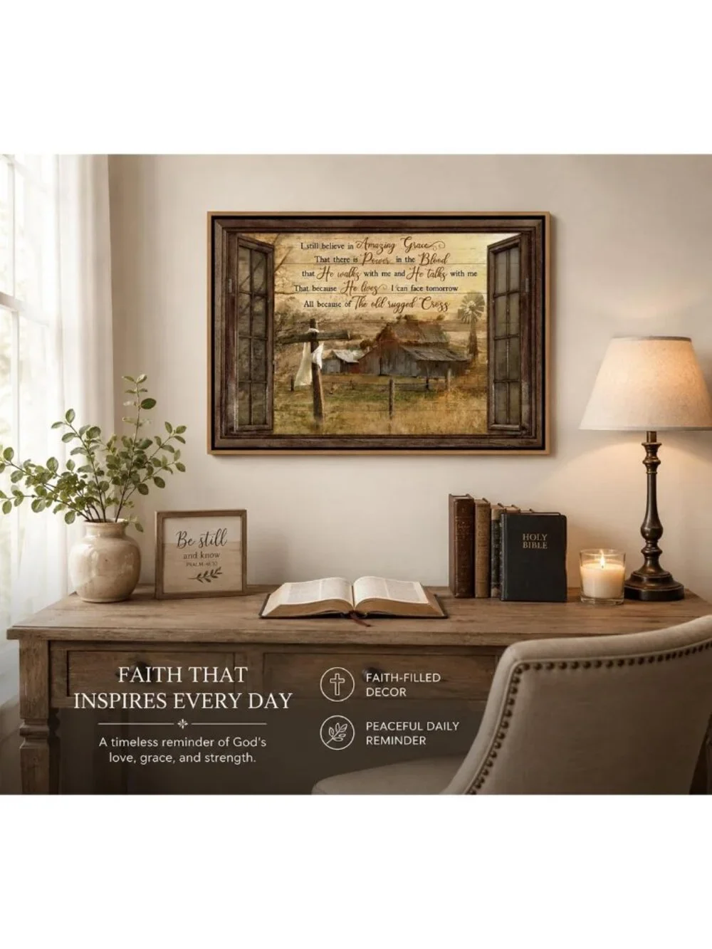 Rustic Christian Canvas Wall Art - Amazing Grace Cross Windmill Decor 12x16